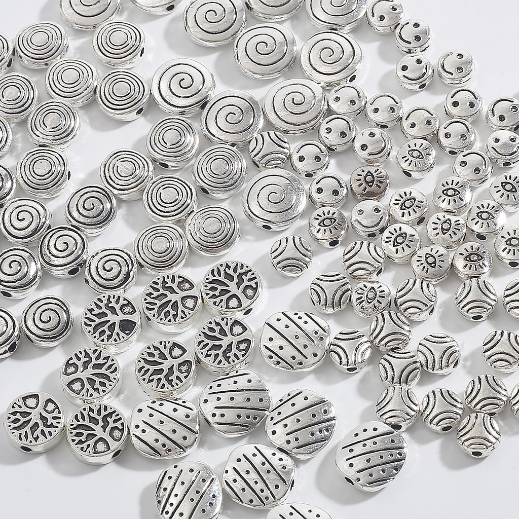 Antique Silver Alloy  flat round bead Shape Sided for DIY Bracelet Jewelry Making Findings