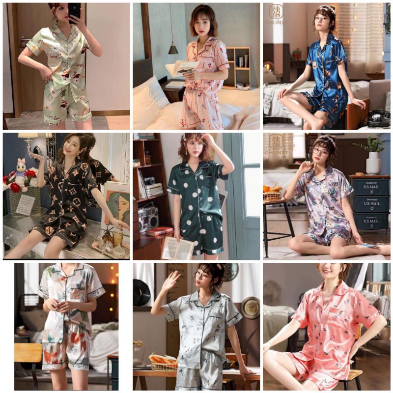 Baju tidur wanita set satin import karakter