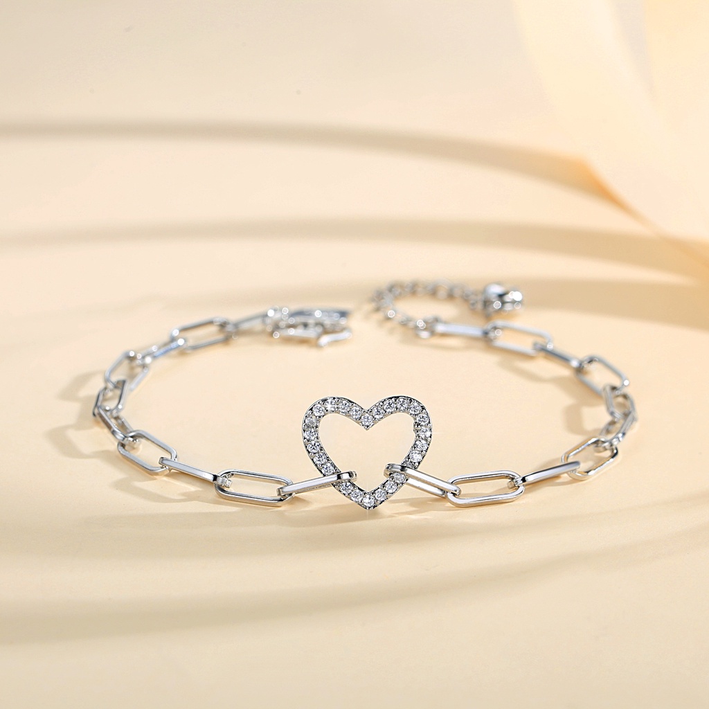 Y714【Barang spot】Gelang tangan titanium kristal berbentuk hati wanita anti karat berlapis perak gelang Adjustable Diamond