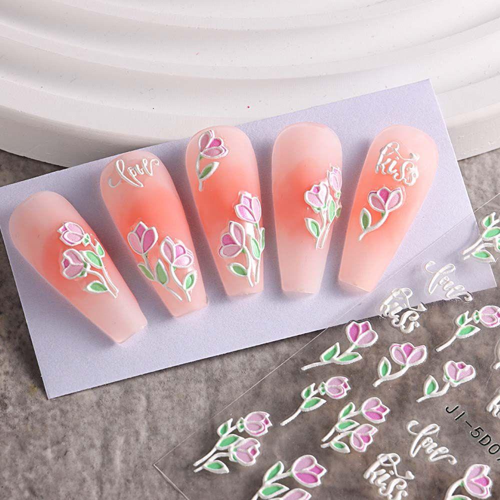 AUGUSTINA Agustina Bunga Stiker Kuku 5D Relief Alfabet Inggris Daun Self Adhesive Nail Art Dekorasi