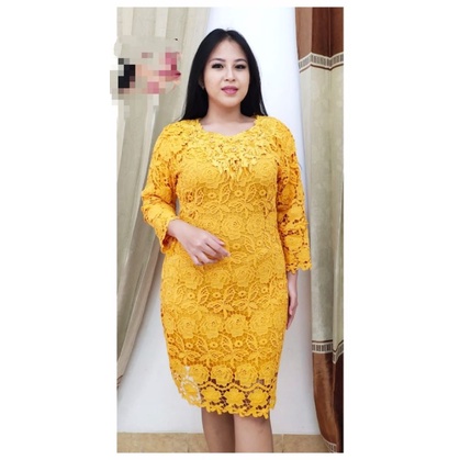 Dress brokat import bunga wanita pesta lengan panjang 7/8 lapis furing resleting samping m l xl xxl xxxl