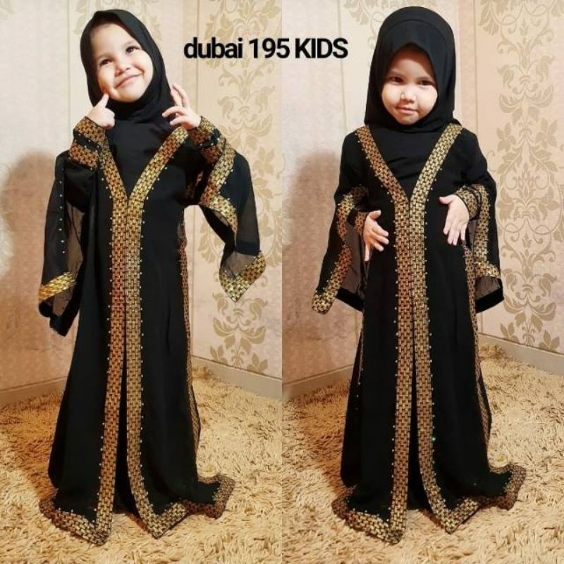 Abaya Gamis Arab Hitam Bordir Anak - Anak Kids Bahan Jetblack Saudi