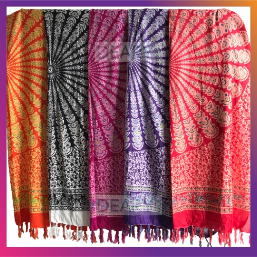 Kain Pantai Bali Rayon Motif Mandala Gajah &amp; Merak Ujung Rumbai | Deary Co Bali