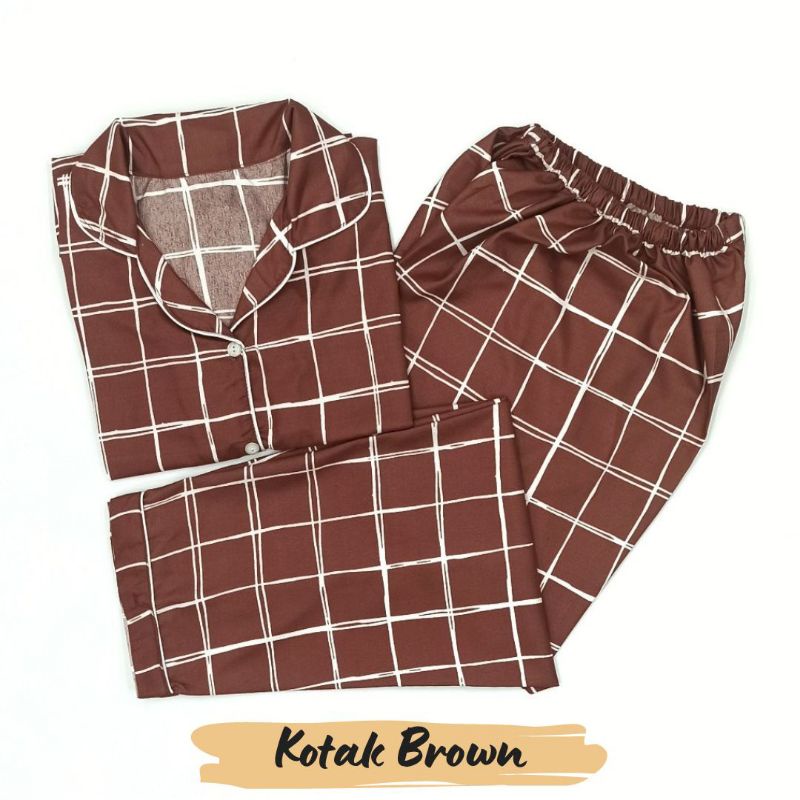 Baju Tidur Wanita | Piyama Wanita Kekinian | Oneset Setelan Wanita Bahan Katun Polymicro Bebas Pilih Motif-Kotak Brown