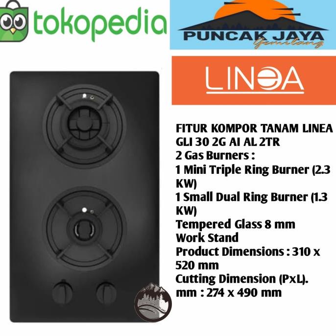 Kompor Tanam Gas Linea GLI 30 2G - Hitam, 31 cm x 52 cm