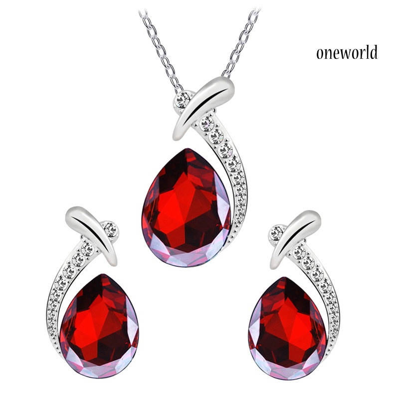 OW@ Lady Faux Crystal Water Drop Pendant Chain Necklace Earrings Wedding Jewelry Set