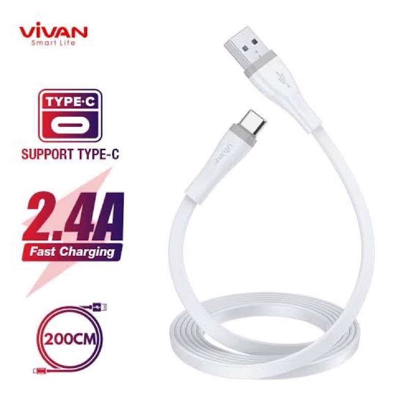 Original Vivan 200S Kabel Data Type C 2 Meter Fast Charge 2.4A Cable Data Vivan Flat 2m