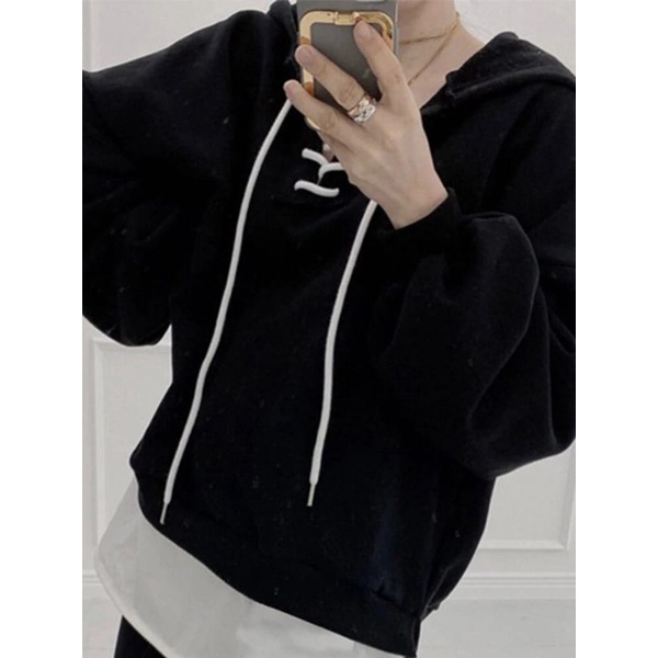 Cross Rope Hoodie Premium Sweat Fleece Wanita Korean Style