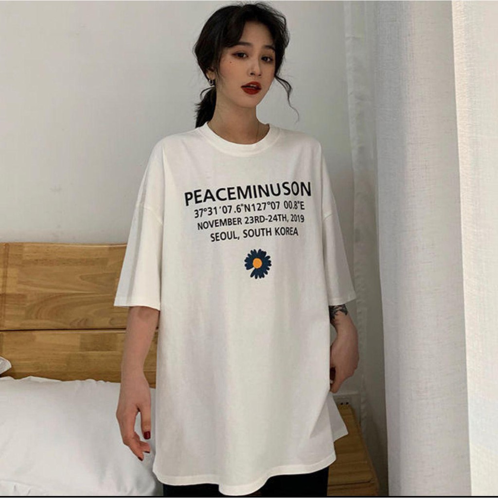 Oversize Tee Tshirt Wanita   Model Longgar Motif Daisy Peaceminuson