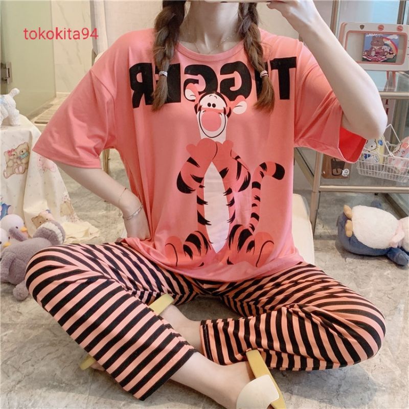 Piyama Import Wanita Lengan Pendek 1 Set Korea - Piyama Baju Tidur Lembut - Pakaian Tidur e