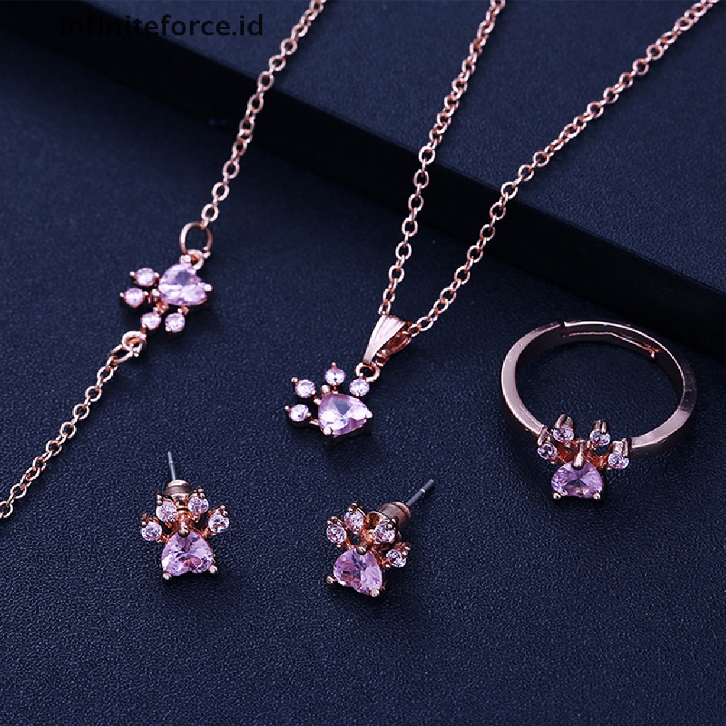 Infiniteforce.id 4pcs / Set Kalung + Gelang + Cincin + Anting Tusuk Motif Telapak Kaki Anjing Aksen Kristal Untuk Wanita