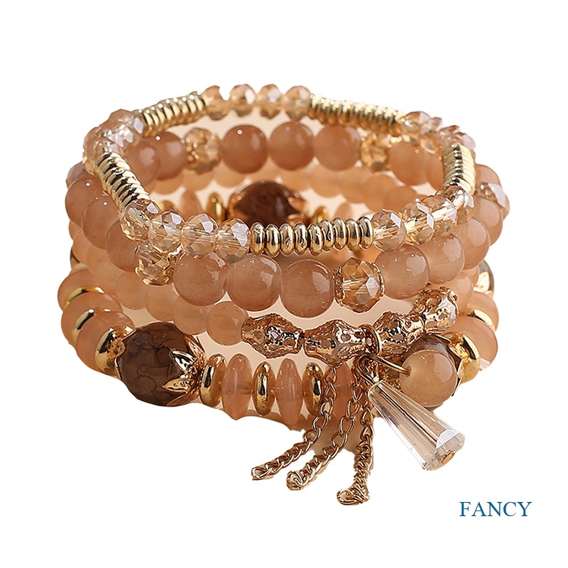 Gelang Tangan Wanita Manik Batu Agate Imitasi Multi Layer Rumbai Kristal Mutiara Gaya Bohemia