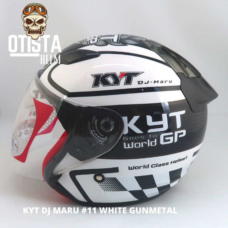 Helm Half Face Kyt Dj Maru World Gp #11 White Gunmetal Putih Corak Motif