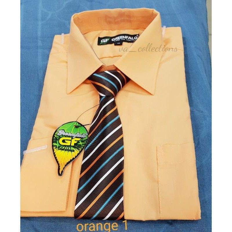 KEMEJA PRIA GREENFALO - KEMEJA POLOS LENGAN PANJANG PRIA ORANGE MUDA / ORANGE1