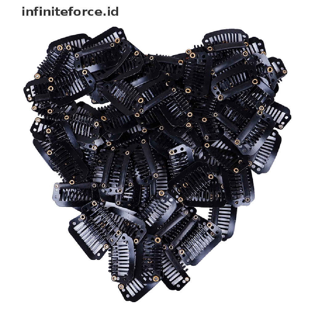 (Infiniteforce.Id) 10 / 100pcs Klip Snap Wig / Rambut Palsu 8 Gigi Bahan Karet Warna Hitam