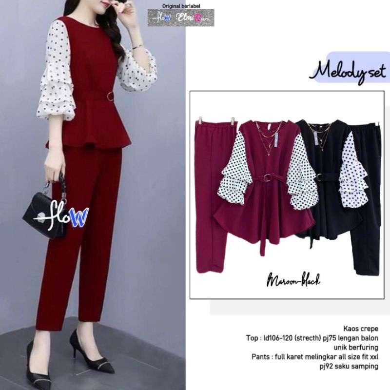 MELODY SET #SETELAN FAB.KAOS CREPE•BENTUK LENGAN BALON•BERFURING•FULL KARET BAG.PINGGANG BY FLOW