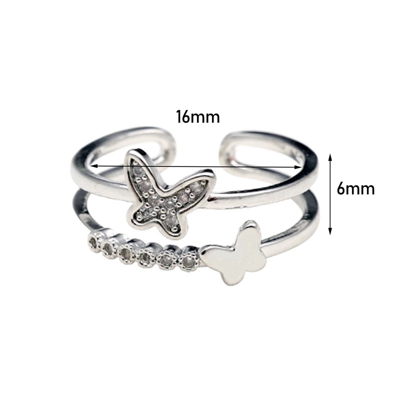 Fancyqube Cincin Sterling Silver 925 Model Terbuka Dapat Disesuaikan Bentuk Kupu-Kupu Bahan Cubic Zirconia Gaya Retro Butterfly