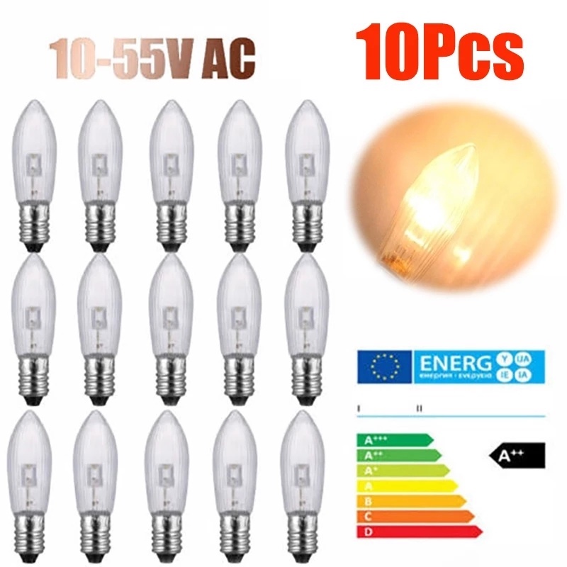 10pcs / Set Bohlam Lampu LED E10 AC 10V-55V Warna Warm White Bentuk Lilin