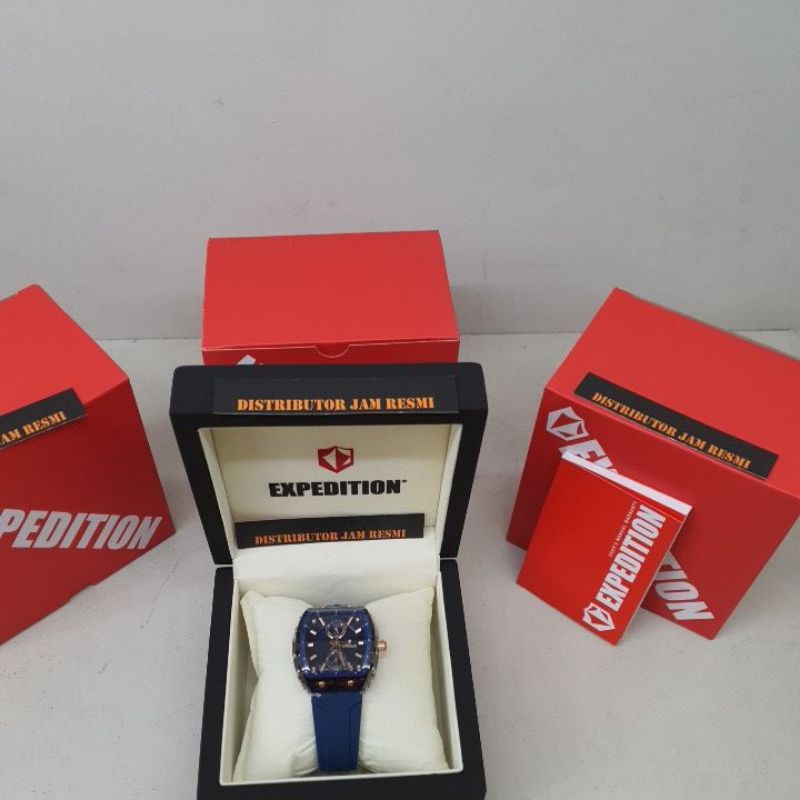 Jam Tangan Wanita Expedition E6814M E 6814 M E6814 M E 6814M Blue Black Ring Blue Rubber Cronograph