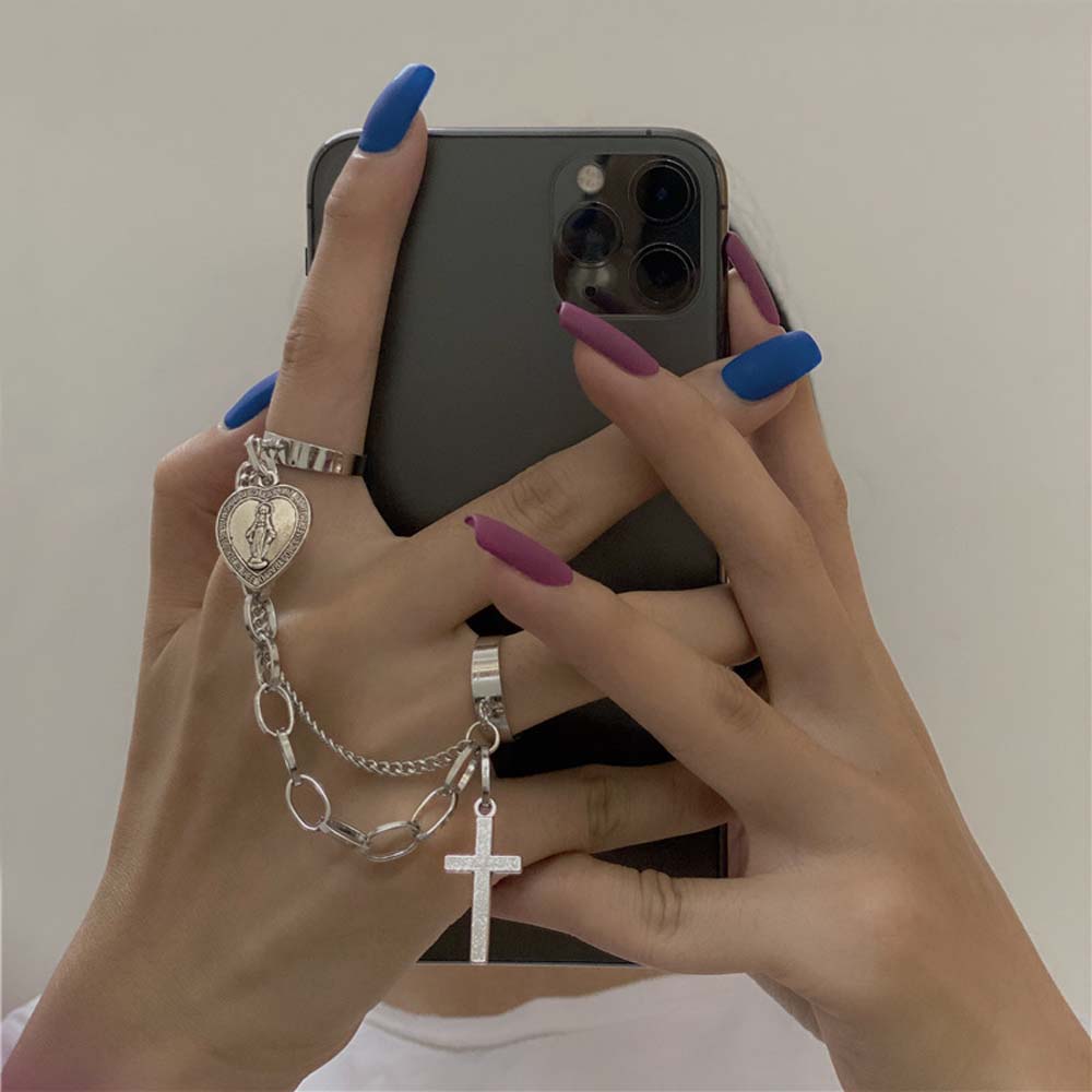 MXBEAUTY Punk Open Rings Harajuku Fashion Jewelry Cross Rings Heart Adjustable Chain Multi-layer Men Alloy Goth Jesus Pendant Rings/Multicolor