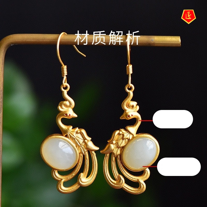 [Ready Stock]Retro Chinese Style Natural Jade Gold Phoenix Earrings