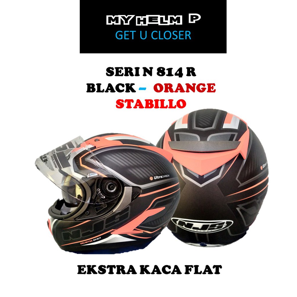 HELM NJS SHADOW MOTIF ULTRA CARBON FULL FACE  FULL KNOCKDOWN EXTRA KACA WARNA BLACK ORANGE FLUO