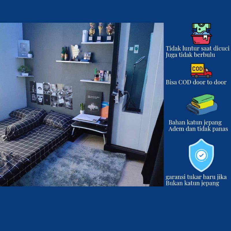 sprei aesthetic katun jepang| sprei motif kotak hitam putih