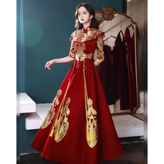 Realpic G798 Bisa Custom XS-3XL Gaun mewah impor gaun bridal gaun sangjit maroon gold cheongsam sang