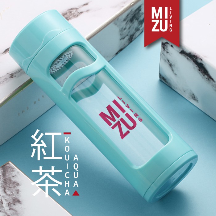 KOU-CHA Glass Water Bottle Botol Air Minum Kaca Tumbler 350ml Saringan Teh Infused Water BPA-Free-AQUA