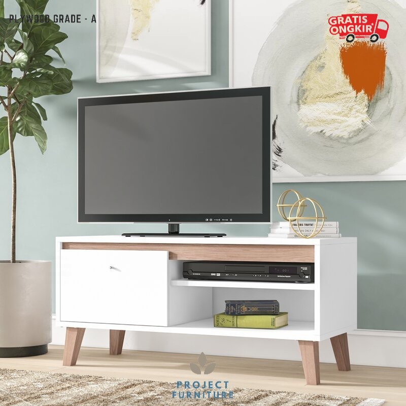 Latopia Celeste - Meja TV / Rak TV Minimalis Modern 100 cm Maks TV 43" Scandinavia Putih - Coklat Mu