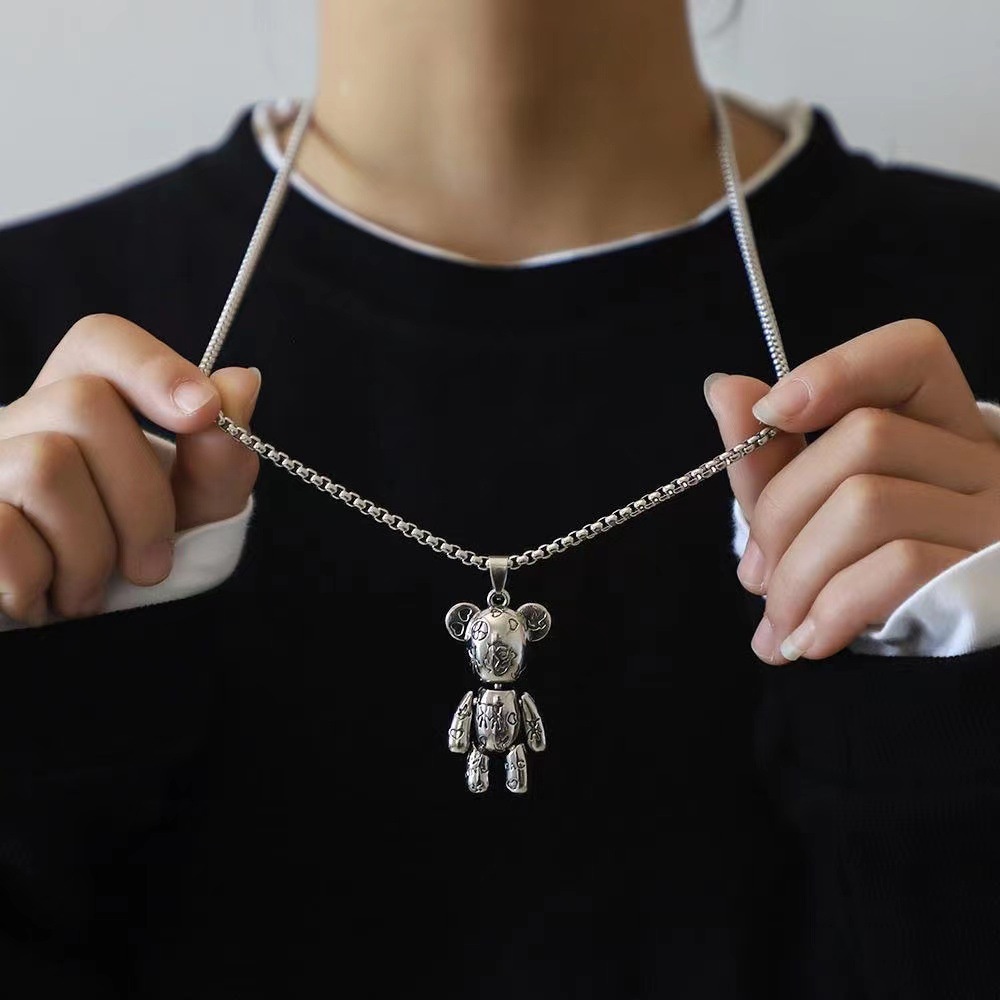 Kalung Rantai Liontin Beruang Bahan Stainless Steel Gaya Hip Hop Korea Untuk Pria Dan Wanita