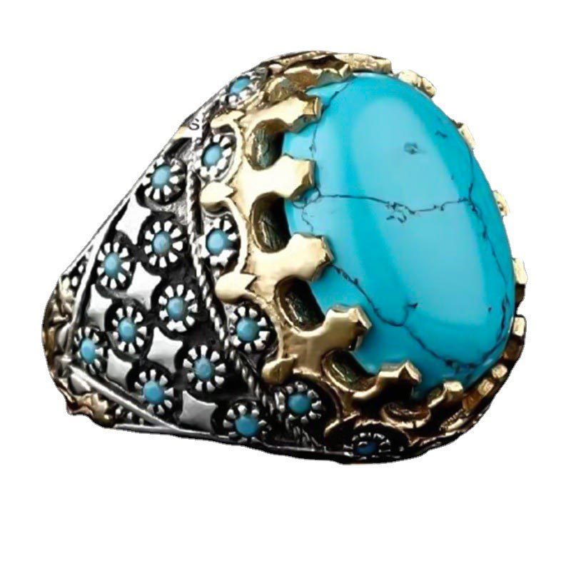 Cincin Batu Turquoise Bentuk Telur Dua Warna Gaya Vintage Untuk Pria