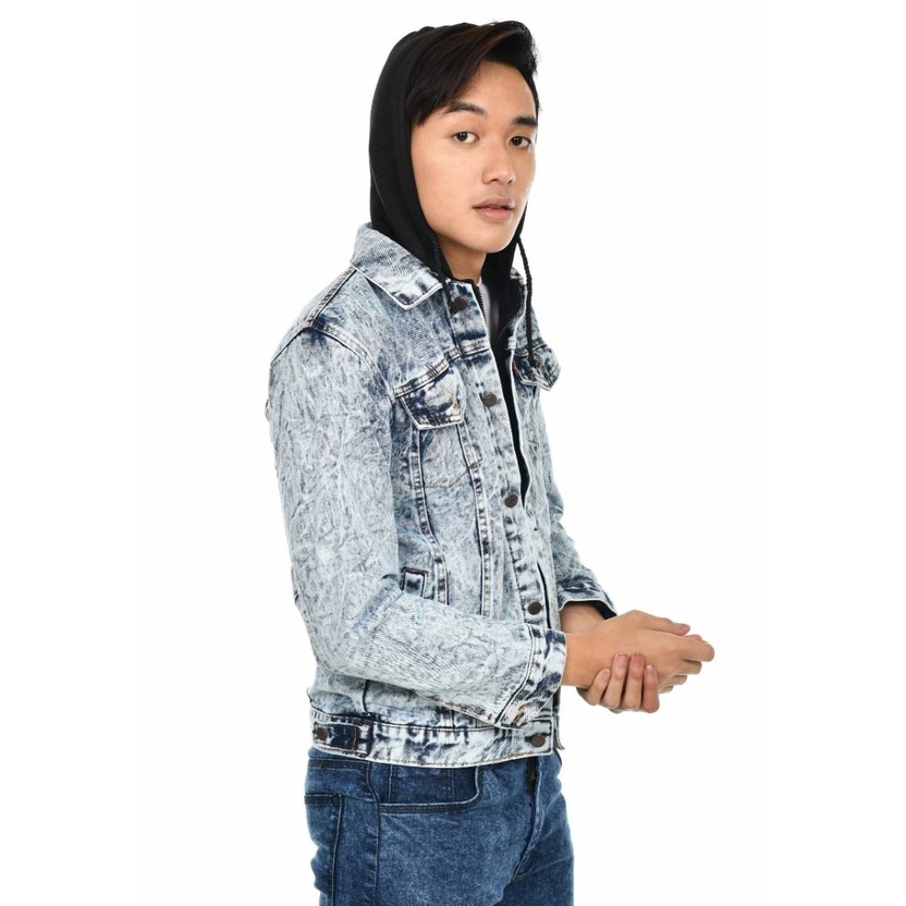 Jaket jeans hoodie pria sanwosh Jaket Jeans berhoodie-penutup kepala combinasi penutup jaket kancing + sleting Sandwash Sanwash Senwos Pria Tebal Style Korea