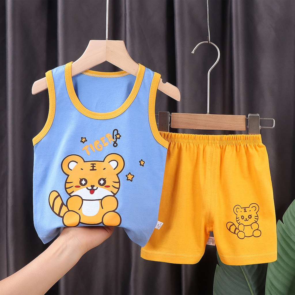 Setelan Kaos Singlet Anak Laki Laki Perempuan Katun Import Model Terbaru umur 1 2 tahun 9 12 24 bulan Pakaian Rumah Santai Harian Jalan Fashion Motif  Karakter Hewan Kartun Lucu Imut Cantik Kekinian