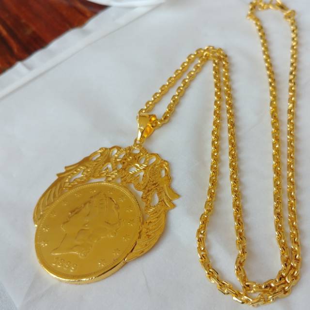 Kalung Set Liontin Koin Sayap Ringgit Jumbo Lapis Emas 24k Goldplated Indonesia