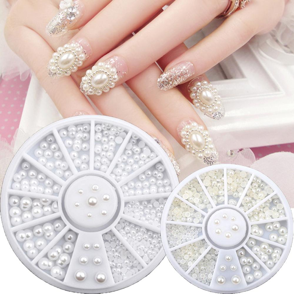 AUGUSTINA Hiasan Nail Art Mutiara Agustina2/3mm Setengah Bulat Putih Ukuran Campur 3D Nail Rhinestones