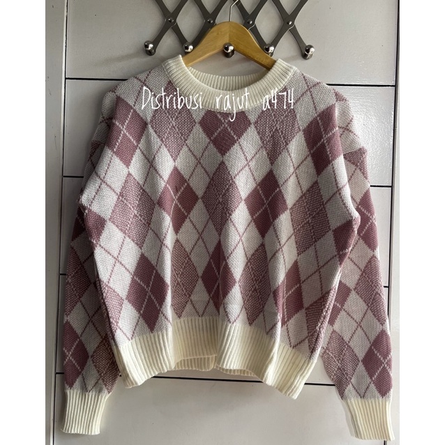 DERYN SWEATER Rajut Motif ketupat Sweater Wanita Import Leopard Kardigan Korea Knit Halus Motif