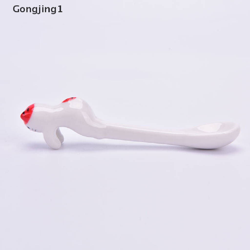 Gongjing1 1pc Sendok Teh / Kopi / Dessert Bahan Keramik Desain Kucing Kartun