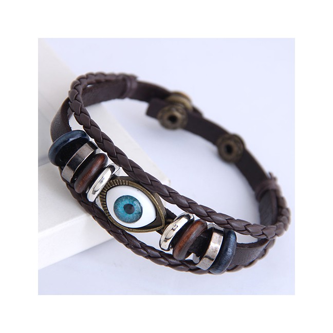 LRC Gelang Tangan Fashion Brown Pu Leather Alloy Eye Multi-layer Bracelet A60499