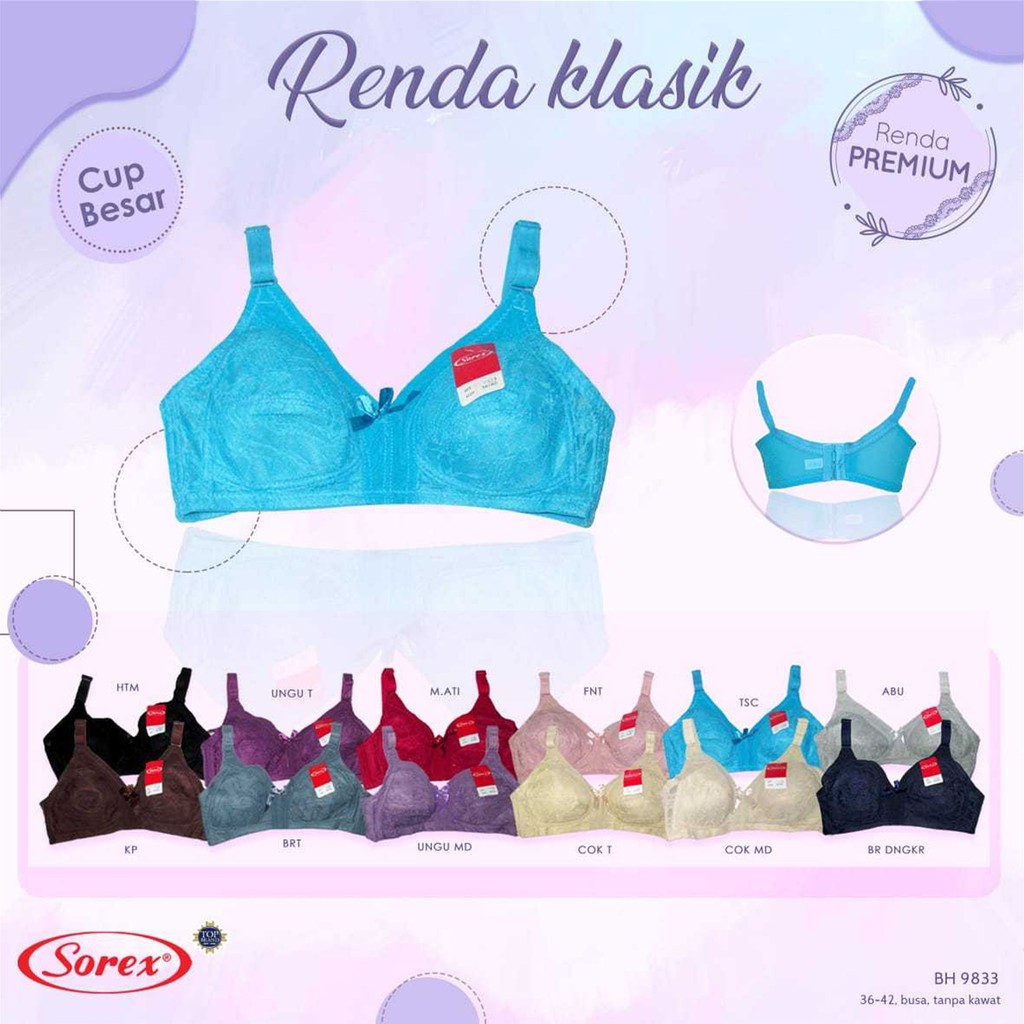 BH Sorex 9833 Renda Klasik | Bra Tanpa Kawat Busa Cup Besar Kait 3 - Bwr IX