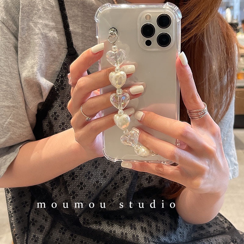 Case Transparan Motif Hati Dengan Rantai Mutiara Untuk Iphone 14 11 6 S 7 8 Plus SE2 XS XR 12 13 Mini PRO MAX