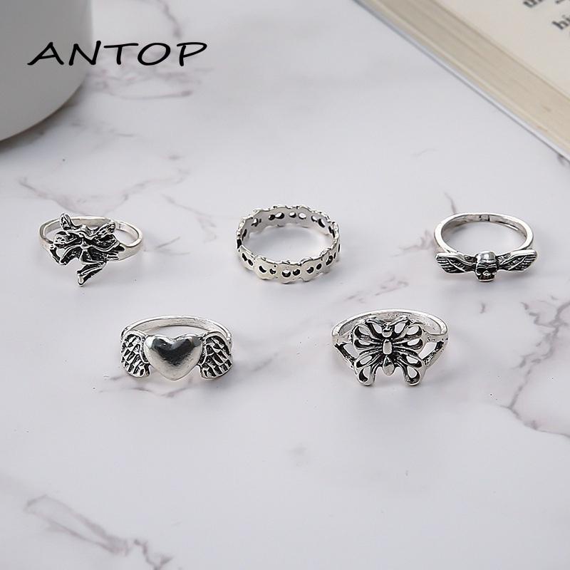 5pcs / Set Cincin Model Terbuka Desain Kerangka Kupu-Kupu Hati Hollow Out Gaya Vintage