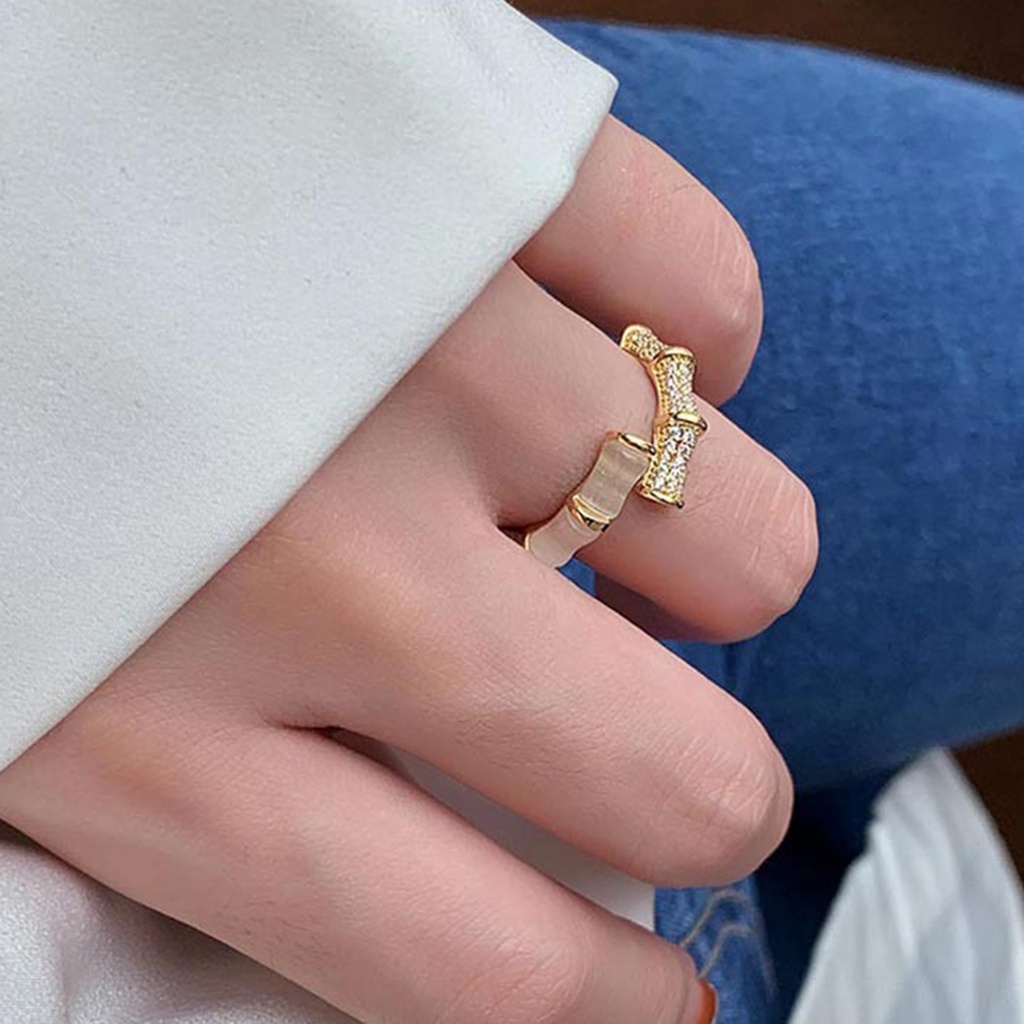 Hu Hu Hu Hu Hu Alat Bantu Pasang Kacamata♡ Cincin Model Terbuka Adjustable Bentuk Bambu Bahan Cubic Zirconia Untuk Wanita