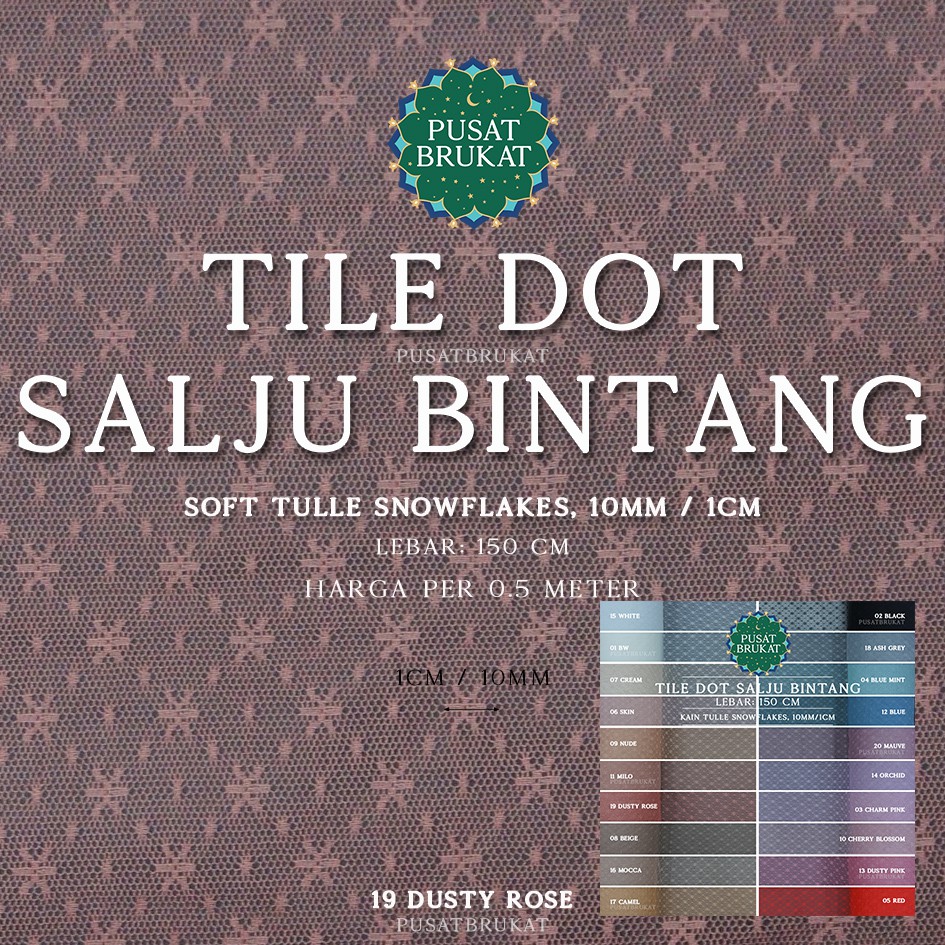 KAIN TILE DOT SALJU BINTANG 1 / TULLE SNOW FLAKES #1, Ø 1CM / 10MM, LEBAR:150CM [harga per 0.5m]