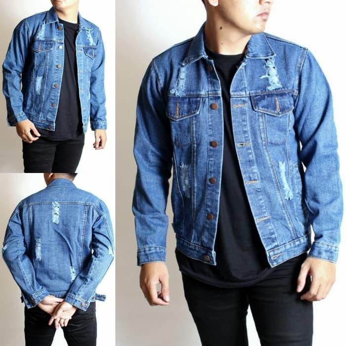 JAKET JEANS PRIA SOBEK RIPPED PRIA BIRU DONGKER BIOWASH