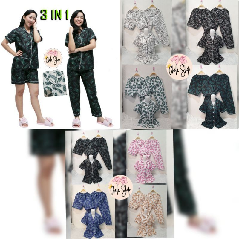 Baju Tidur Piyama Wanita Cewek Pajamas Dewasa Katun Motif Daun 3 in 1