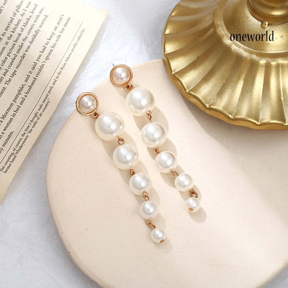 OW@ Fashion Women Long Faux Pearl Dangle Stud Earrings Statement Party Jewelry Gift