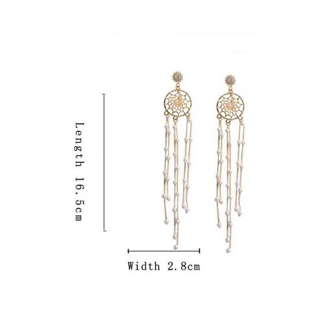 LRC Anting Tusuk Fashion Golden Dreamcatcher Pearl Tassel Stud Earrings With Diamonds A60113