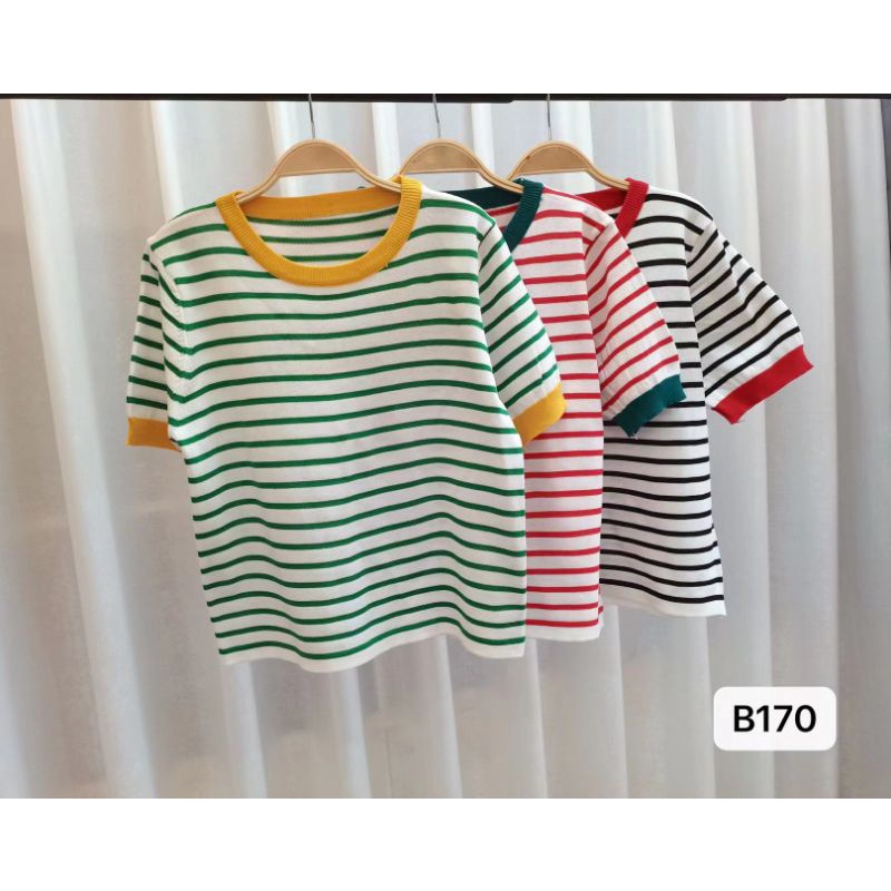 Velma Stripe T Shirt Top Knit Import - Kaos Wanita Lengan Pendek - Atasan Wanita Salur TM (B170)