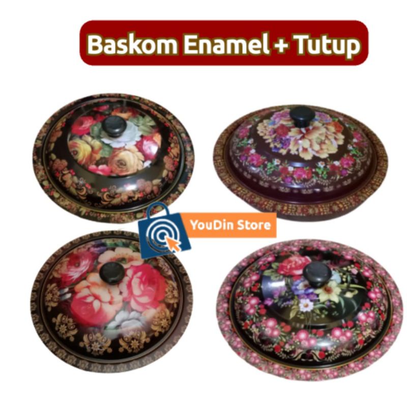 Baskom Enamel Tutup Baskom Saji Tutup Wadah Sayur Masakan Baskom Kaleng Motif Bunga Kembang 30cm